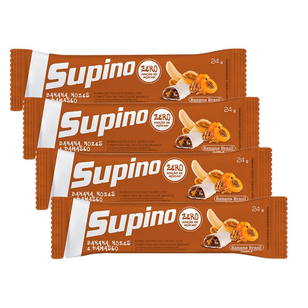Kit 4X 24g Barra de Frutas Supino Zero Banana, Nozes e Damasco