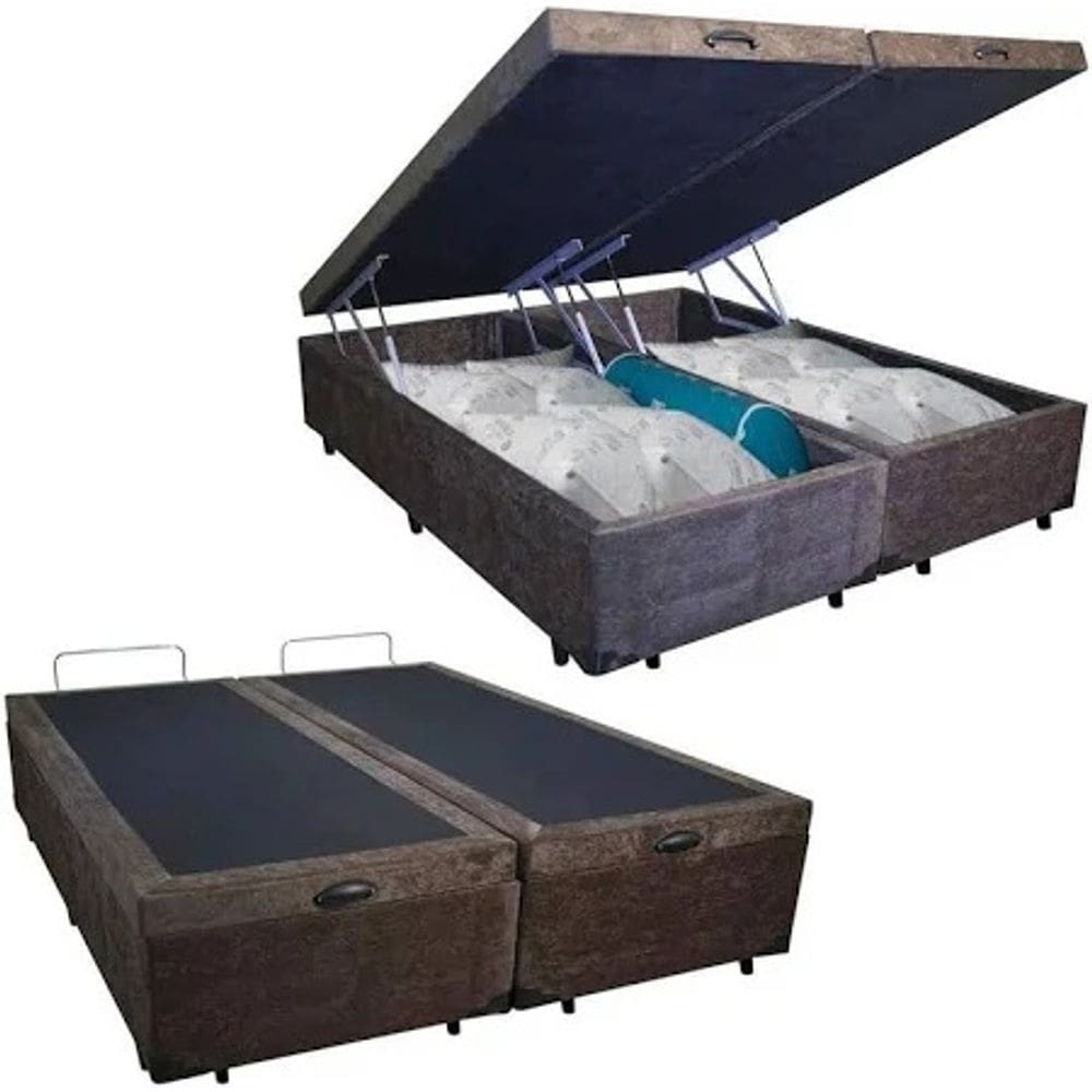 Base Cama Box Bau Bipartido Queen Marrom Suede Premium 47x158x198 - Santo Box FR