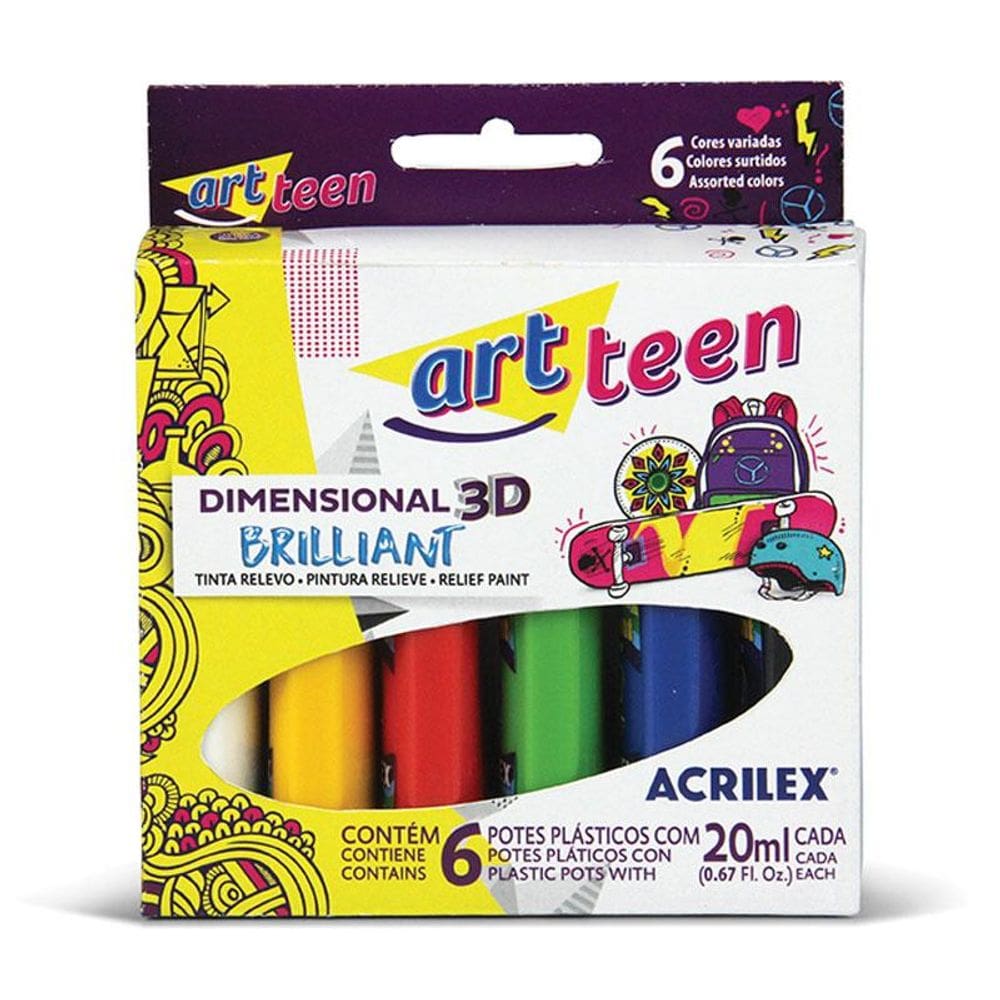 Tinta dimensional relevo 3D brilhante 6 cores 20ml Acrilex