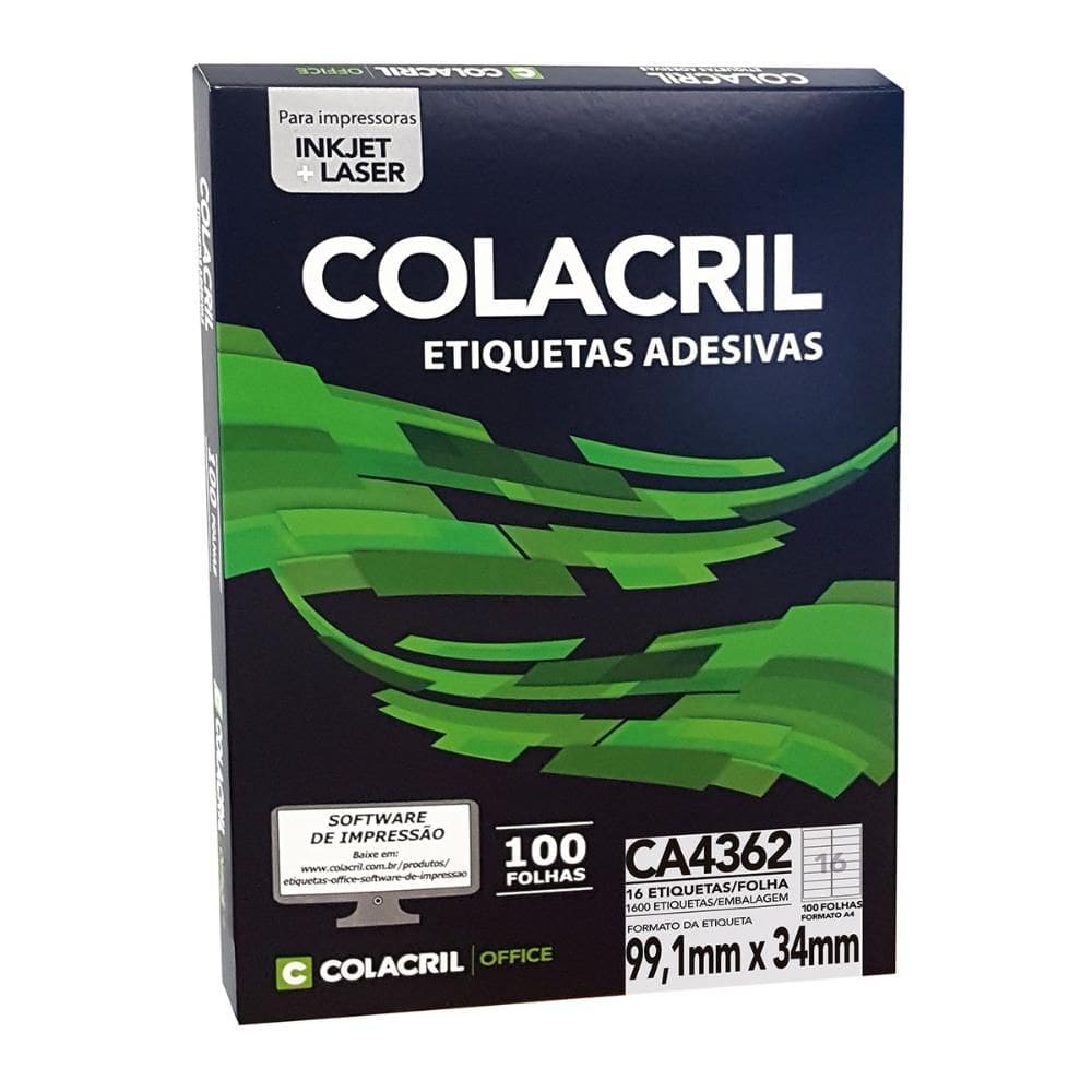 Etiqueta inkjet/laser CA4362 com 100 folhas - Colacril
