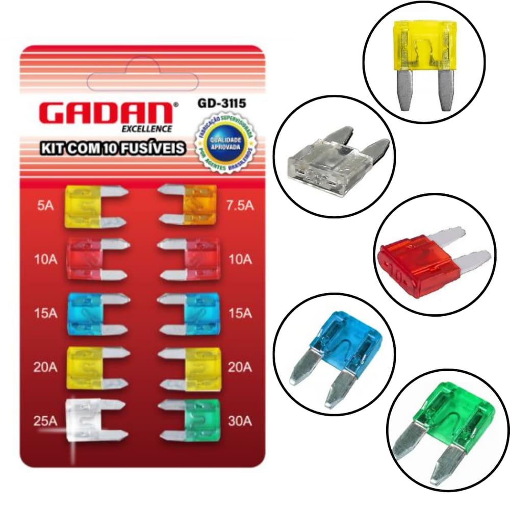 Jogo de 10 peças mini fusíveis automotivos 5 7.5 10 15 20 25 amperes