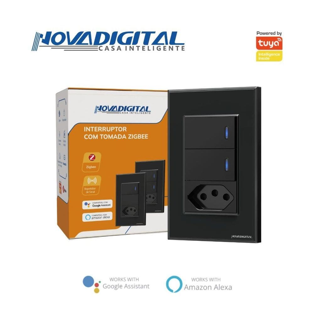 Interruptor com 2 teclas Física + tomada Zigbee TZB-2 PRETO