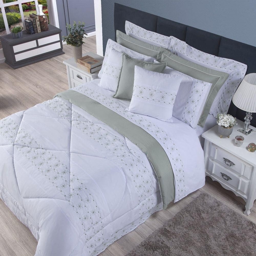 Kit Edredom Damasco Queen 11 Peças 100% Poliéster 200 Fios - Cinza