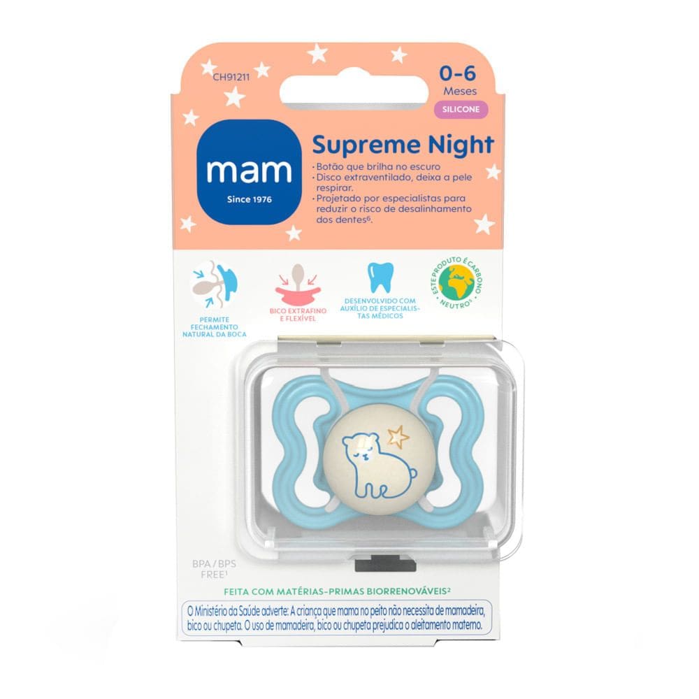 Chupeta Mam Supreme Night Silicone de 0 a 6 Meses Azul Brilha no Escuro Desenho 1 Unidade