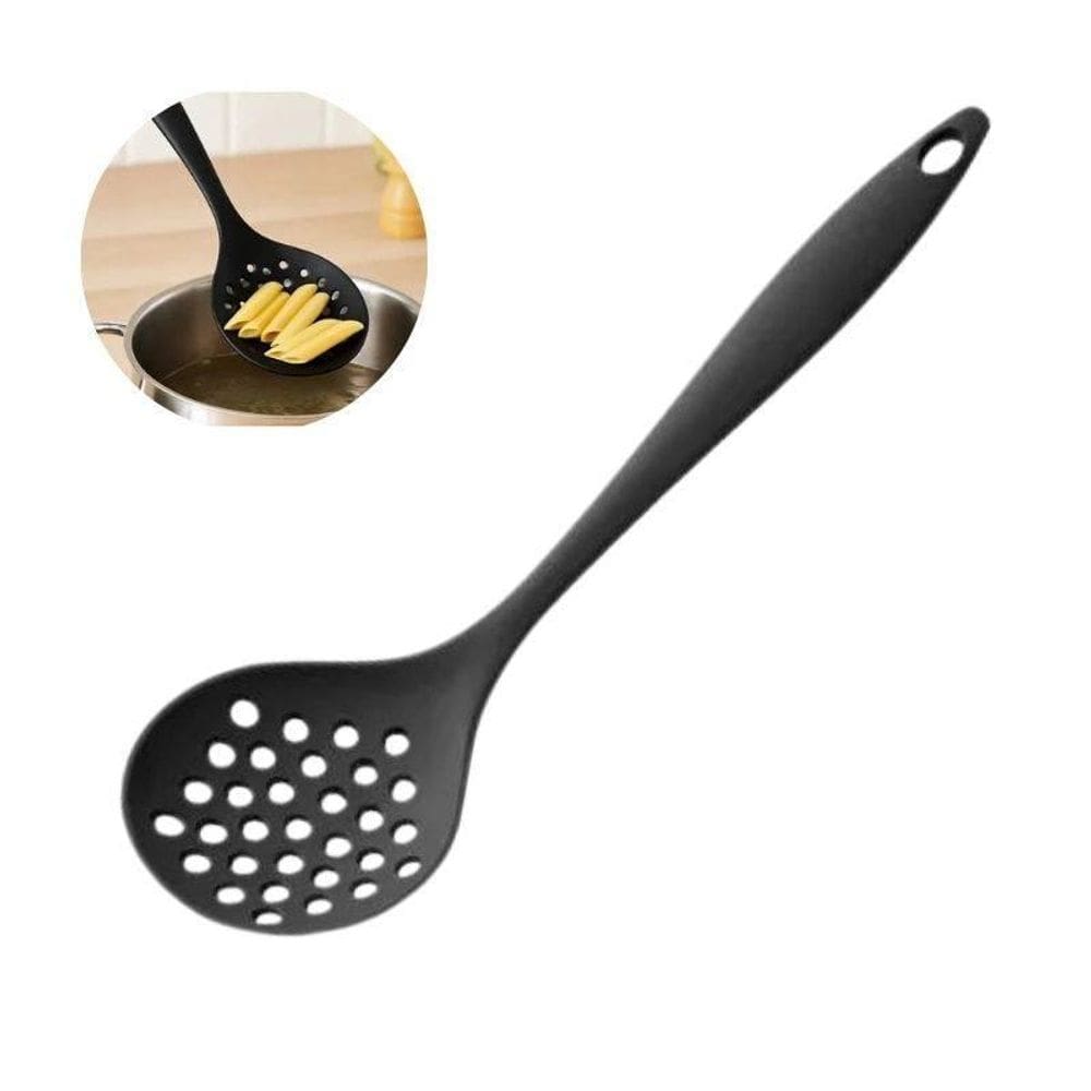 Escumadeira Preta 33Cm De Silicone Flexível Livre De Bpa