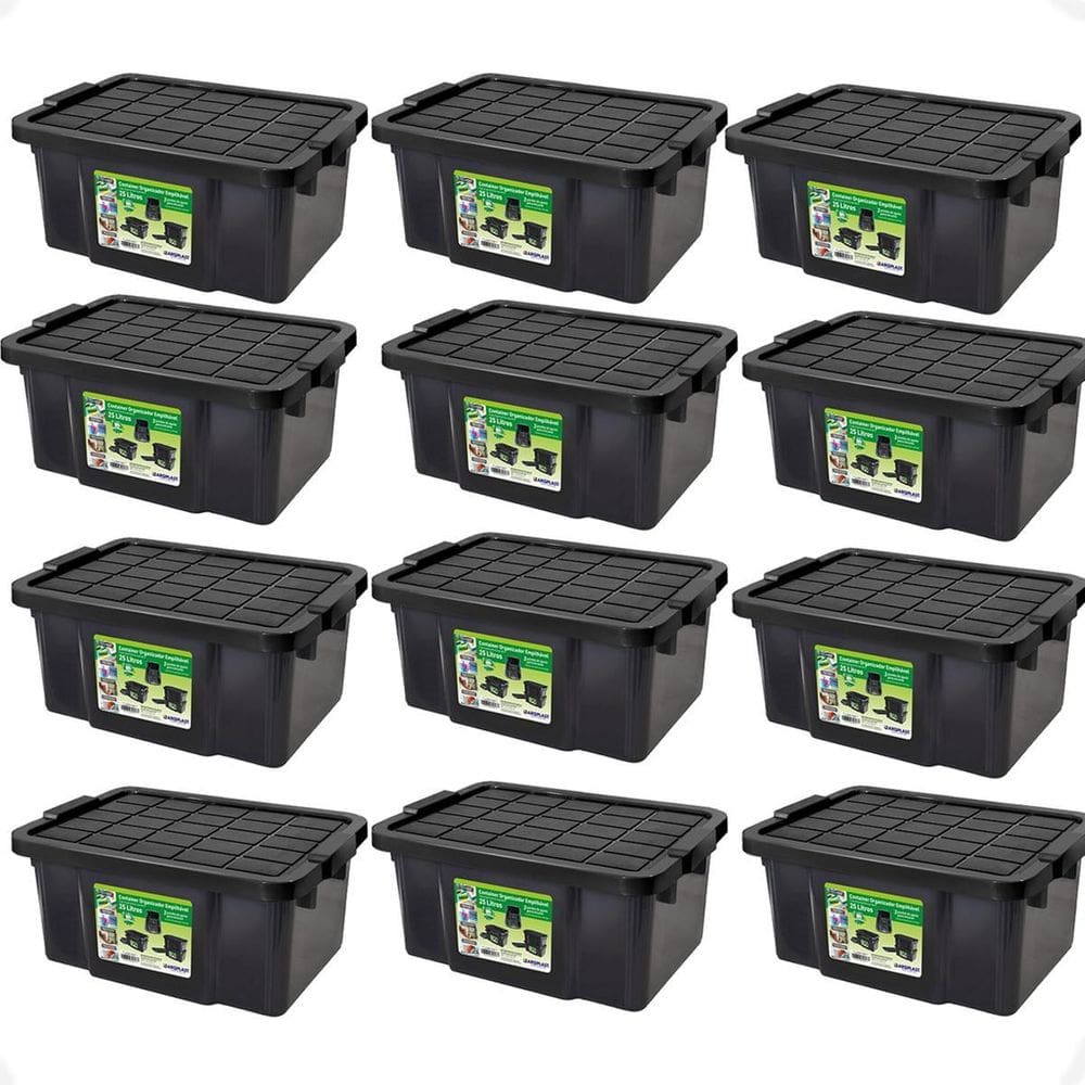 Kit 12 Caixas Organizadora Multiuso Preta 25L Empilhável