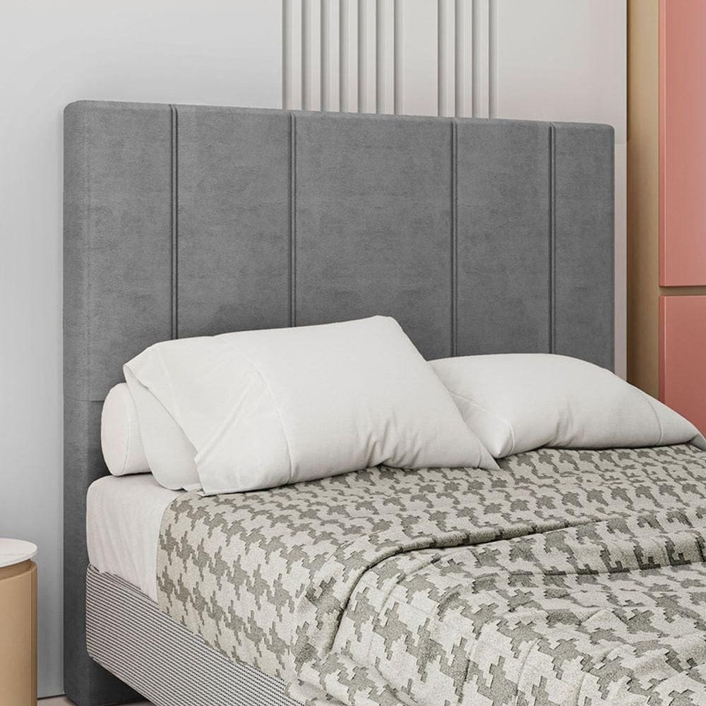 Cabeceira Estofada Casal 140 Cm Rubi Veludo Cinza