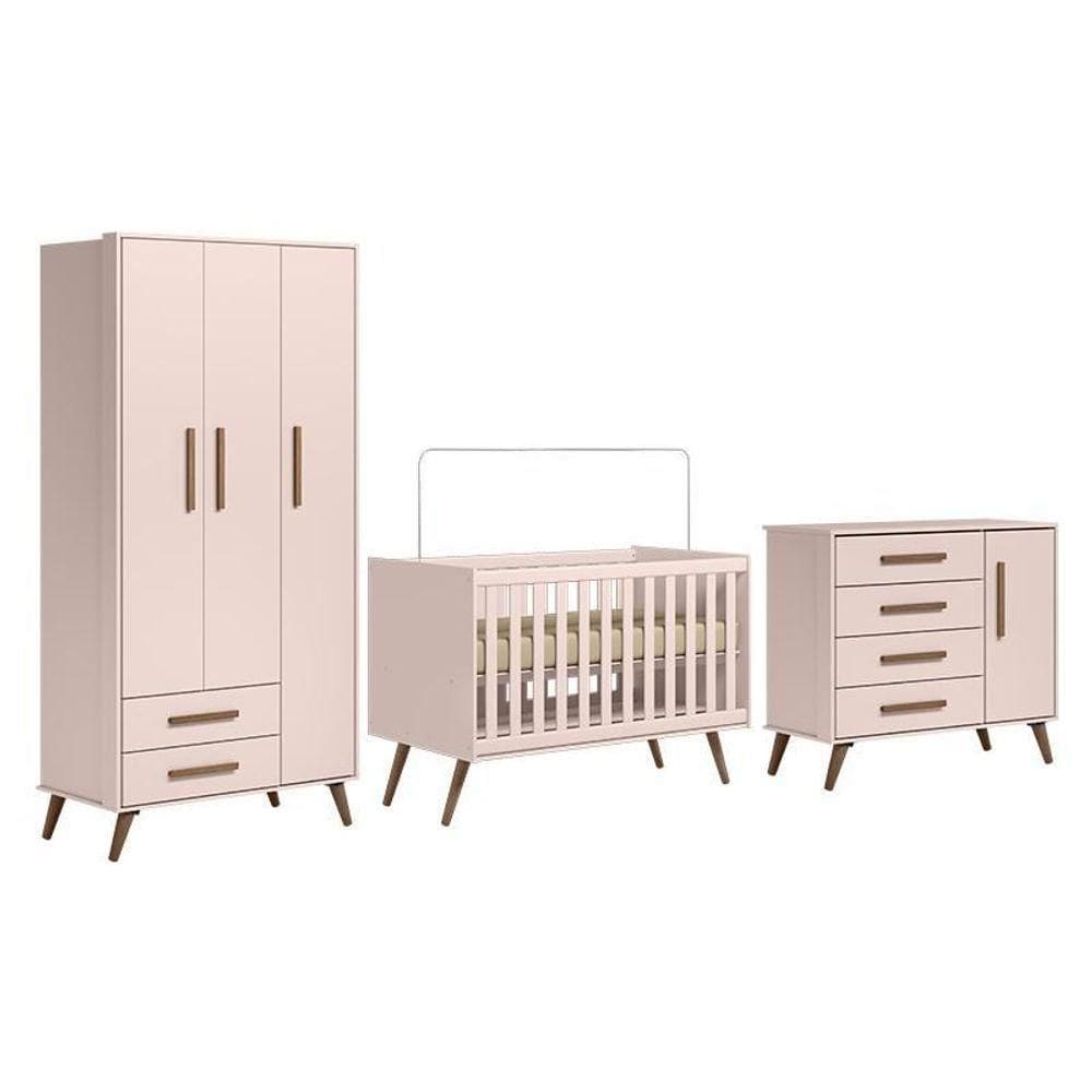 Dormitório Infantil Q Retrô Guarda Roupa, Cômoda E Berço Rosa - Qmovi Rosa