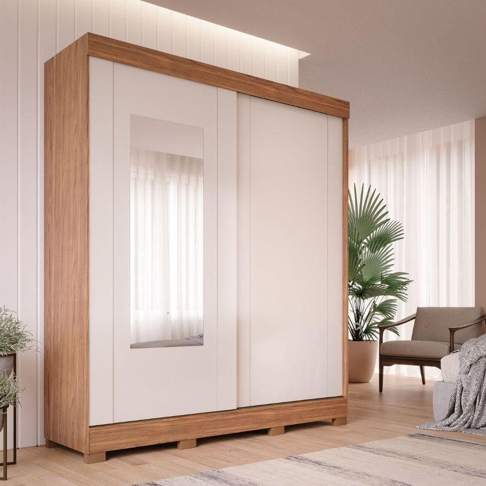 Guarda-roupa Casal 2 Portas 3 Gavetas Com Espelho Cinamomo-off White Ilheus Panan Móveis