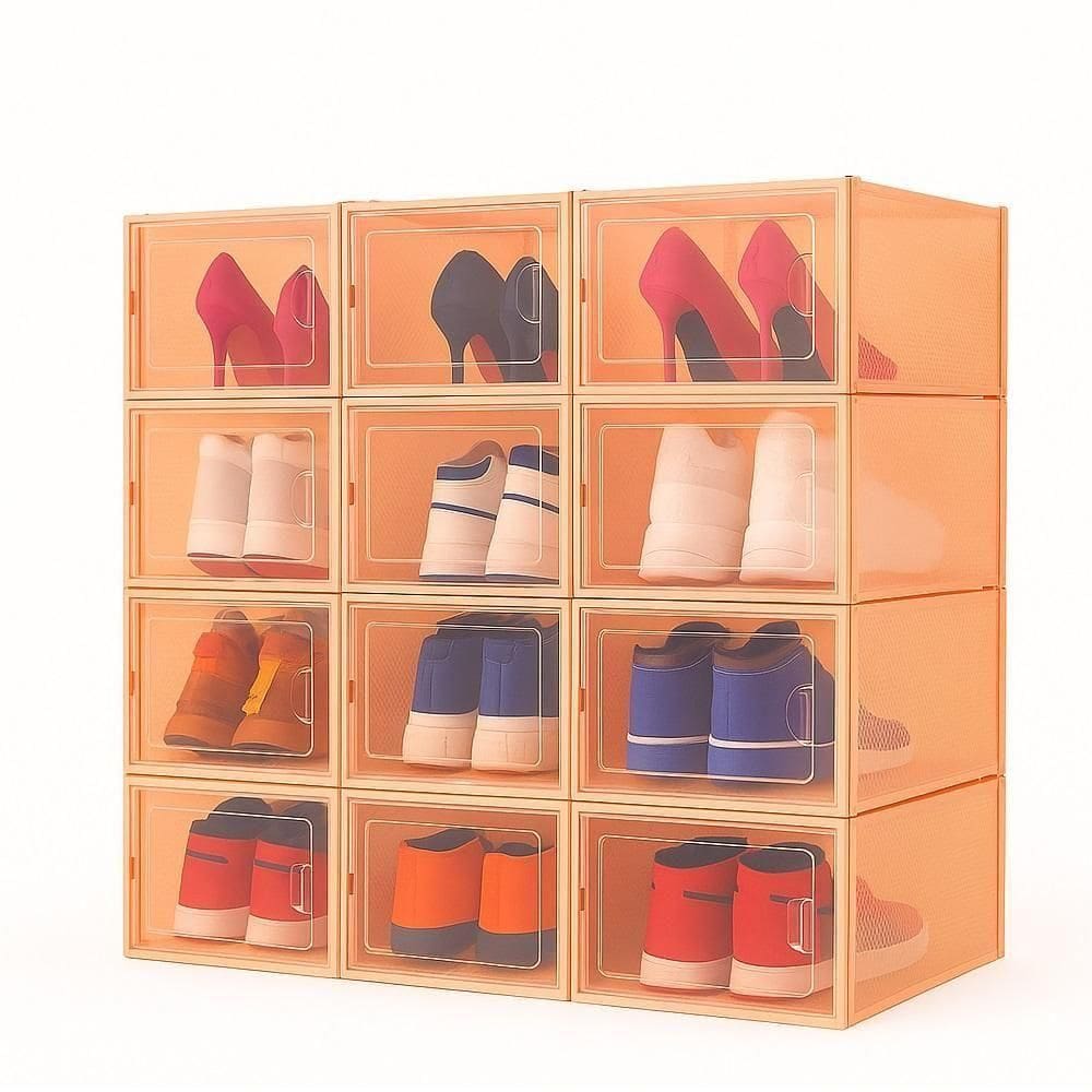 Kit Organizador Tênis Sapatos Salto 6 Caixas Empilhável Abertura Frontal Luxo Closet Quarto Compacto Laranja
