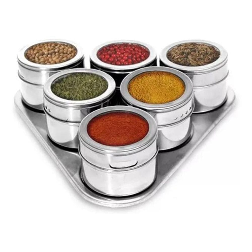 2X Porta Condimento Tempero 6 Pts Inox Imã Geladeira Ke Home