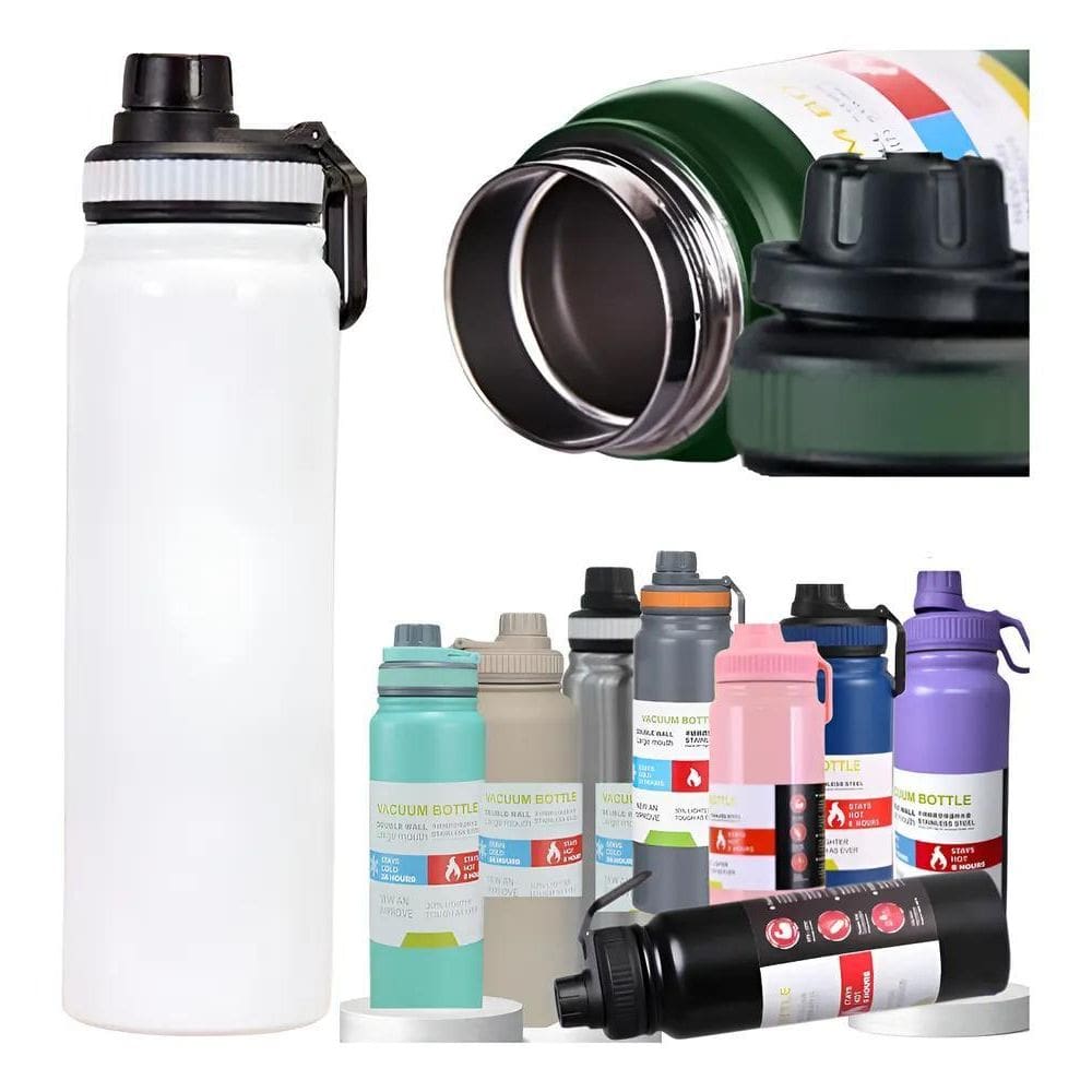 Garrafa Térmica 800Ml Água Squeeze Inox Academia Com Branco