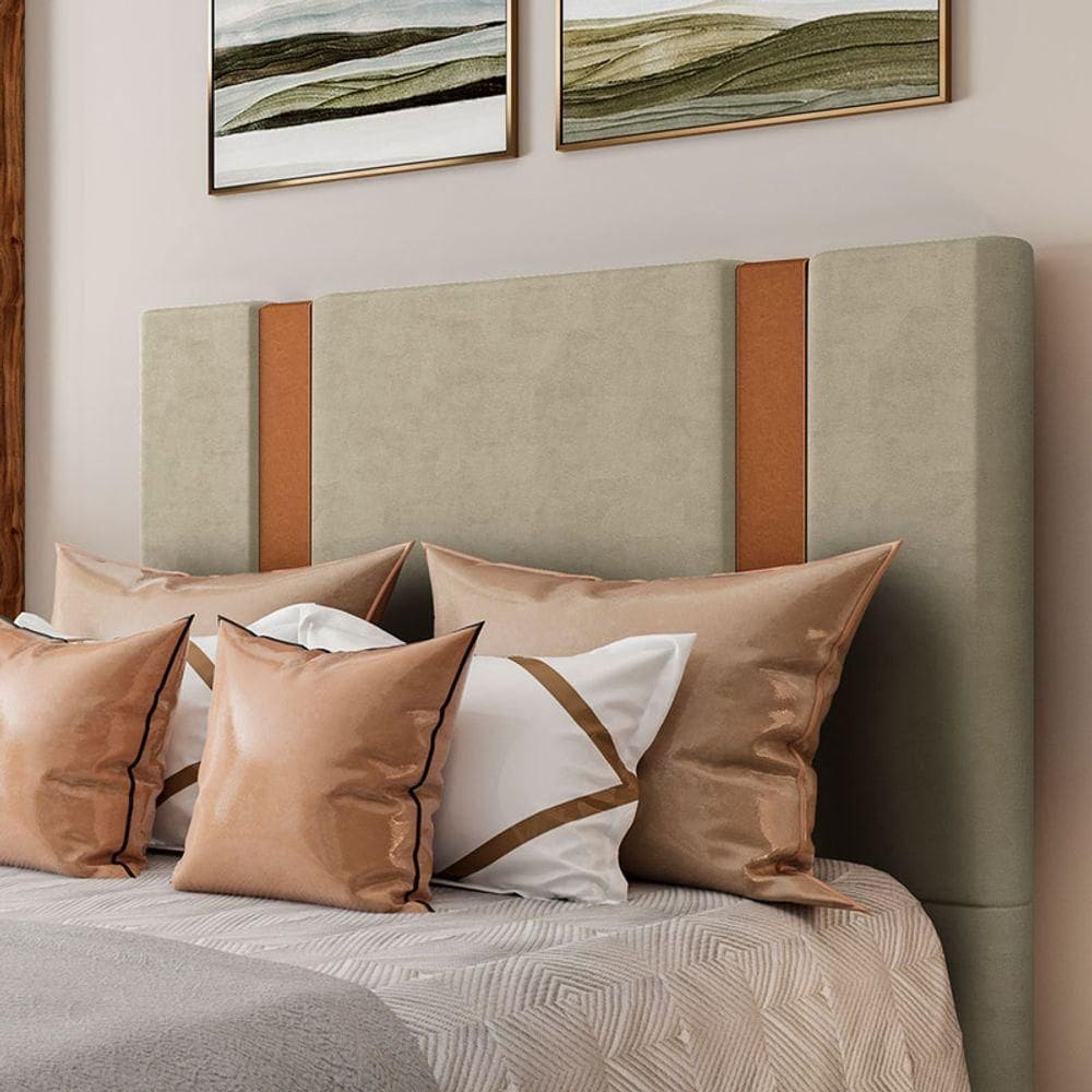Cabeceira Estofada Queen 160 Cm Ametista Veludo Bege