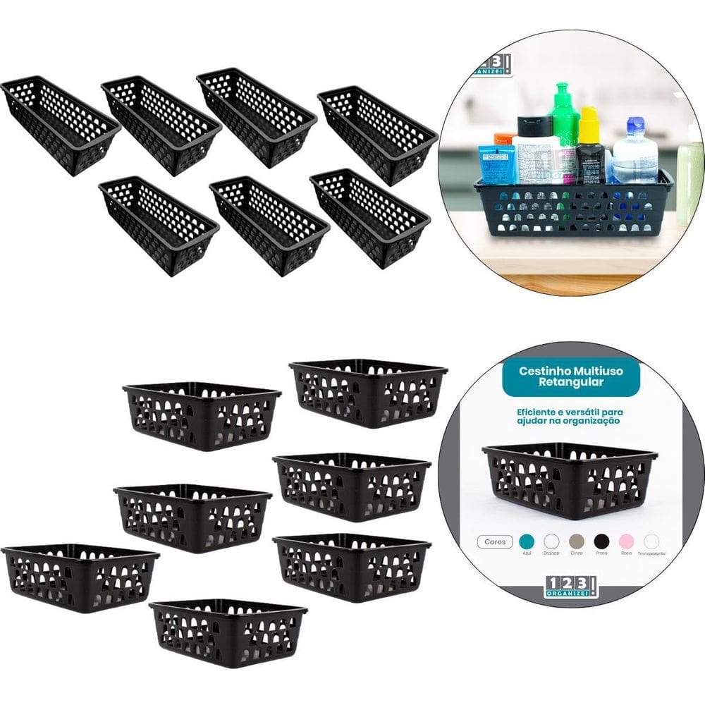 Kit 7 Cesto Multiuso Comprido Retangular E 7 Cesto Médio