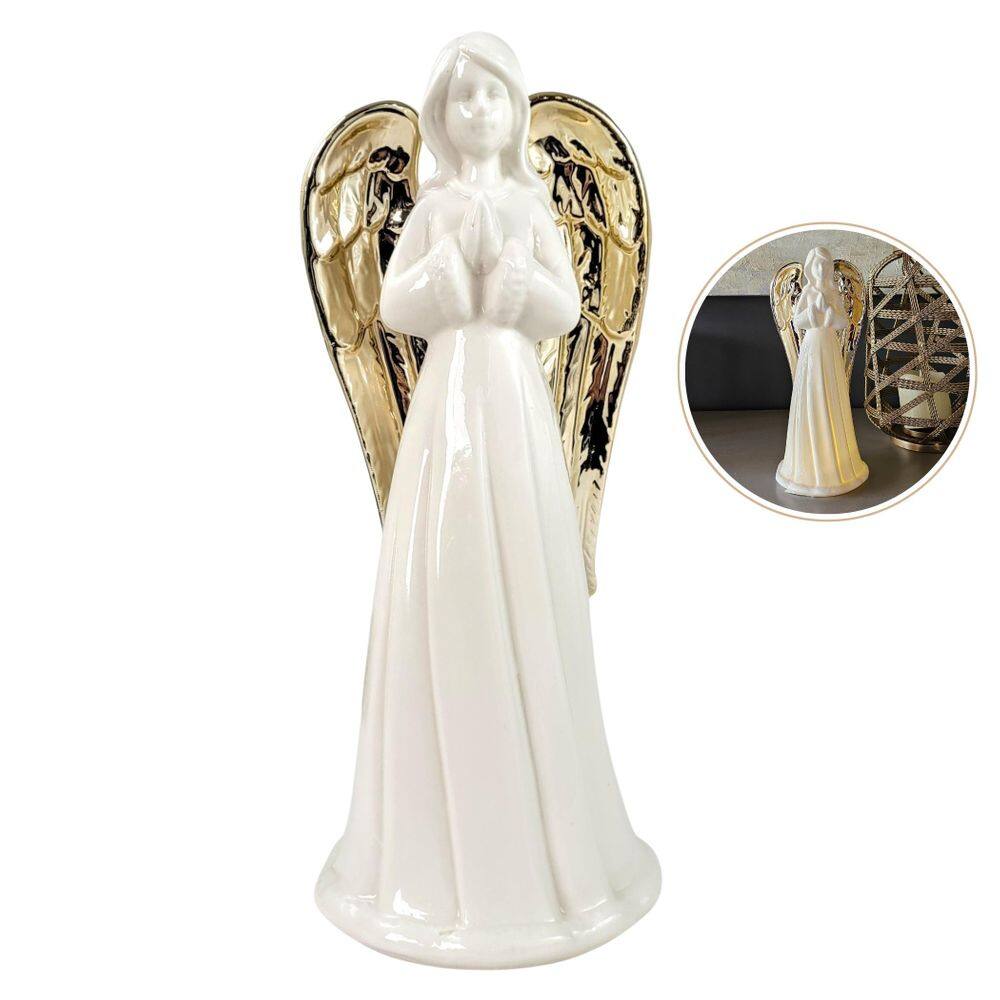 Anjo Decorativo Porcelana Branco Dourado 29Cm Decoração Led