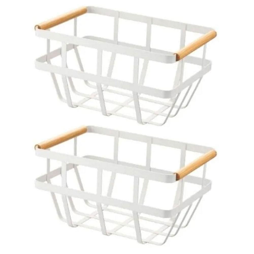 Kit 2 Cesto De Metal Com Alca De Bambu 29X20X15Cm Branco