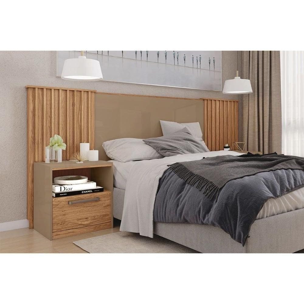 Painel Cama Box Madeirado Casal-queen-king Lucius 2 Mesas C- 1 Gaveta Freijo-sued - Caemmun