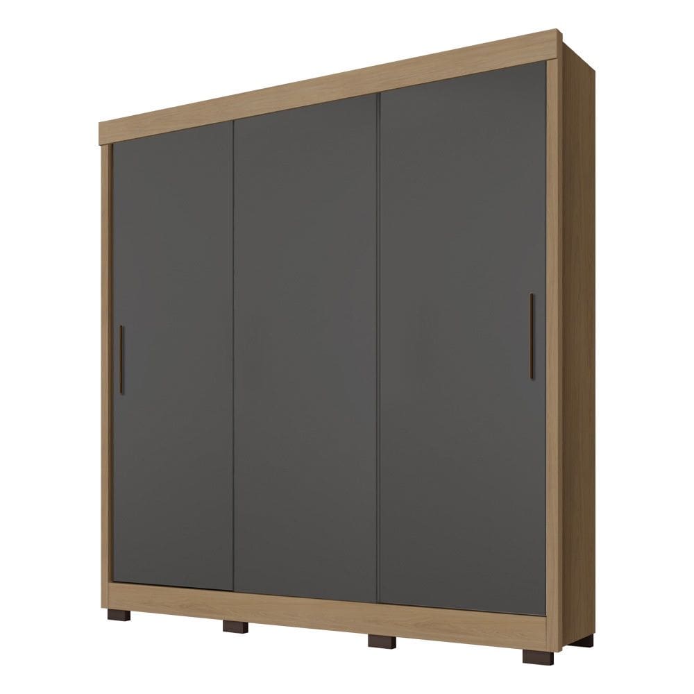Roupeiro 203m com 3 Portas de Correr 3 Gavetas - Nature/Cinza Móveis Leão