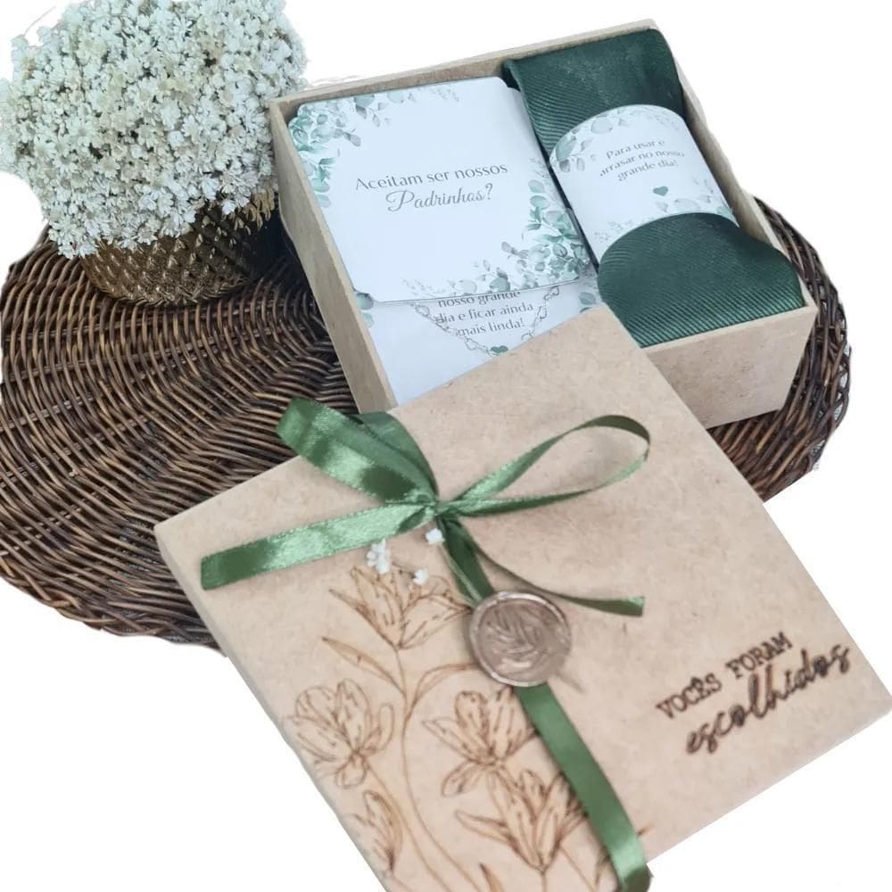 Kit Convite Padrinhos Gravata Pulseira Caixa Decor Verde Oli