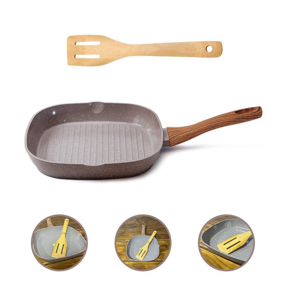 Frigideira Grill 24Cm Cerâmica E Espátula Bambu 30Cm-Grafito