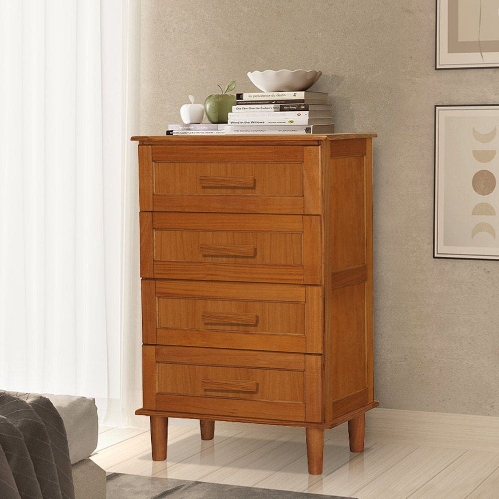Cômoda Retrô de Madeira Maciça Chicago 4 Gavetas Castanho