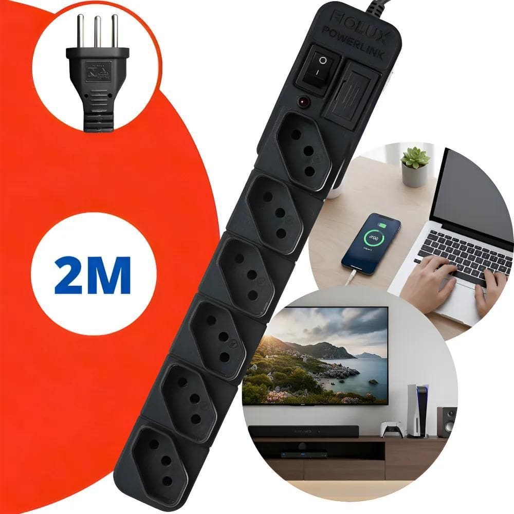 Extensão Régua Filtro De Linha Protetor Energia Elétrica 6 T