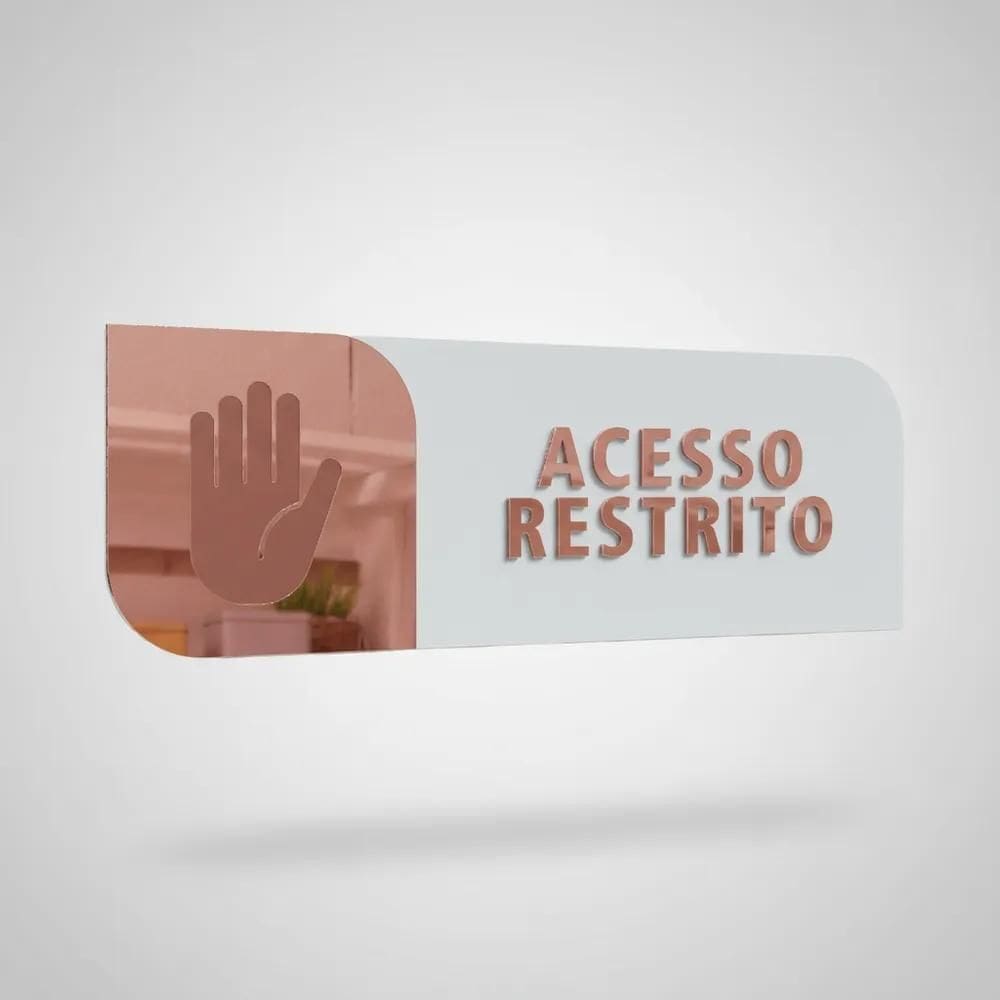 Placa De Porta Sinalização Acesso Restrito Mdf E Rose Gold