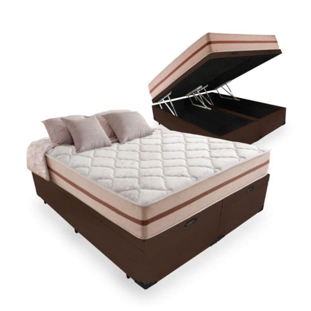 Cama Box Baú Queen Tecido Sintético Marrom Com Colchão Pillow Angel - Bello Box - Molas Ensacadas 62x158x198