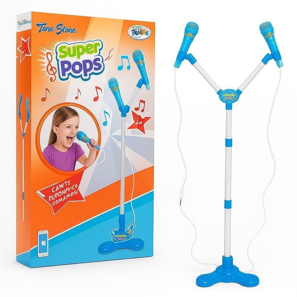 Kit Microfone Infantil Duplo Com Pedestal Conecta No