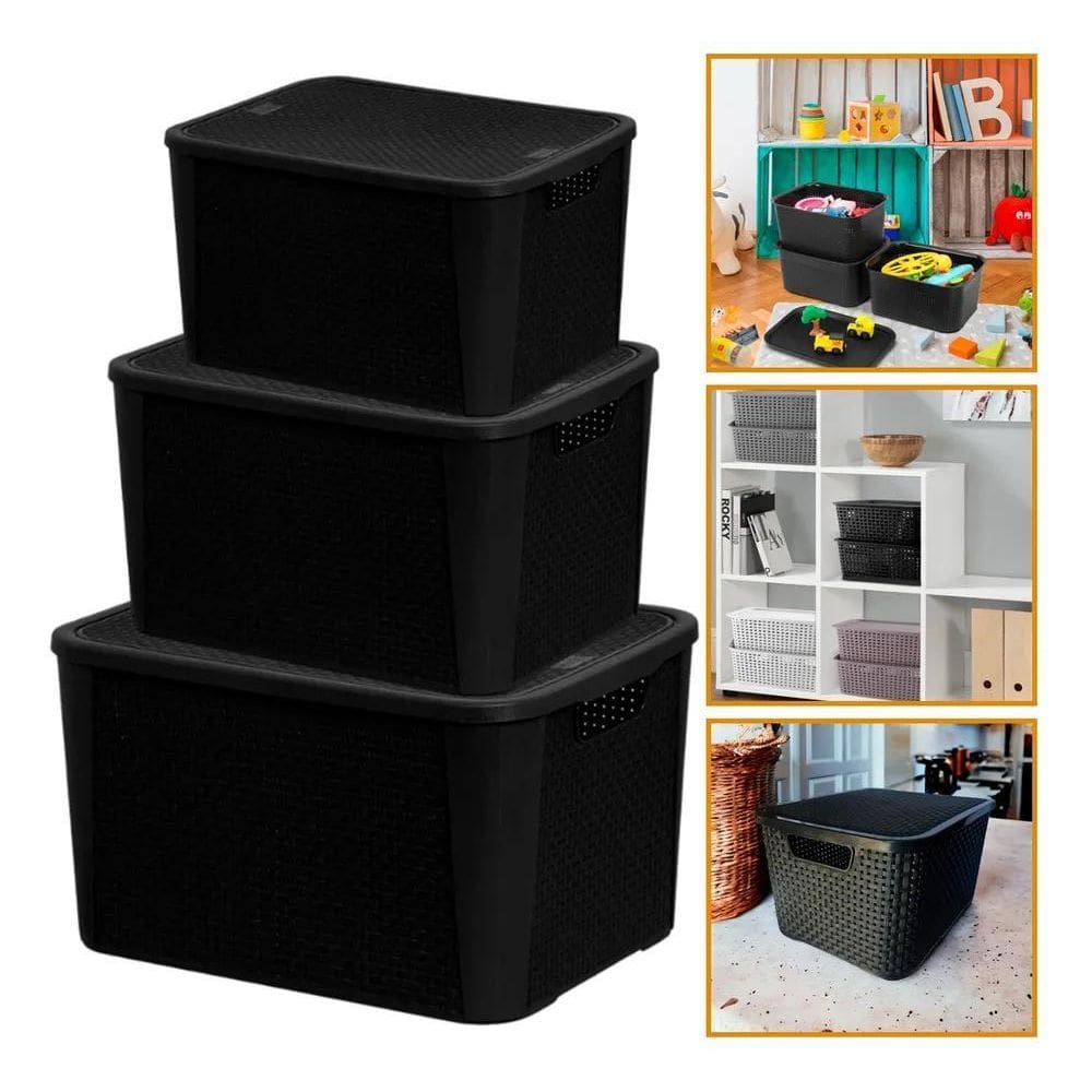 Kit 3 Caixas Organizadoras Rattan Preta Pequena Média Grande