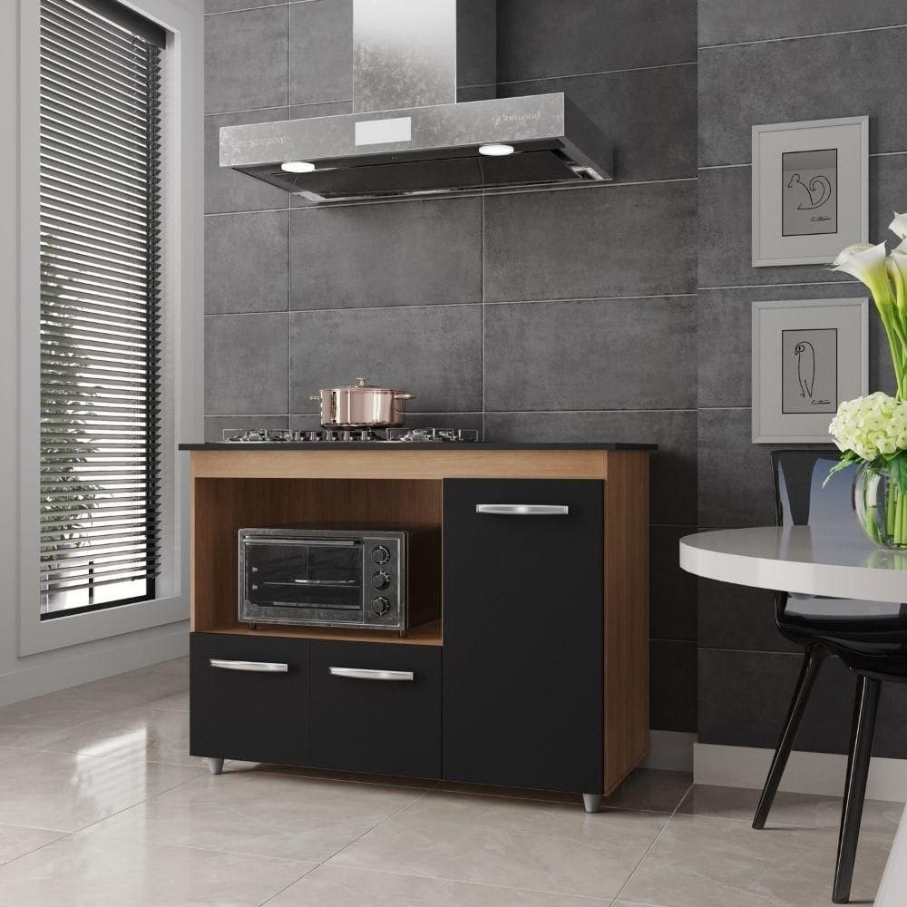 Balcão Para Cooktop Ana4Bocas 3 Portas Moblis Cor:savana Preto