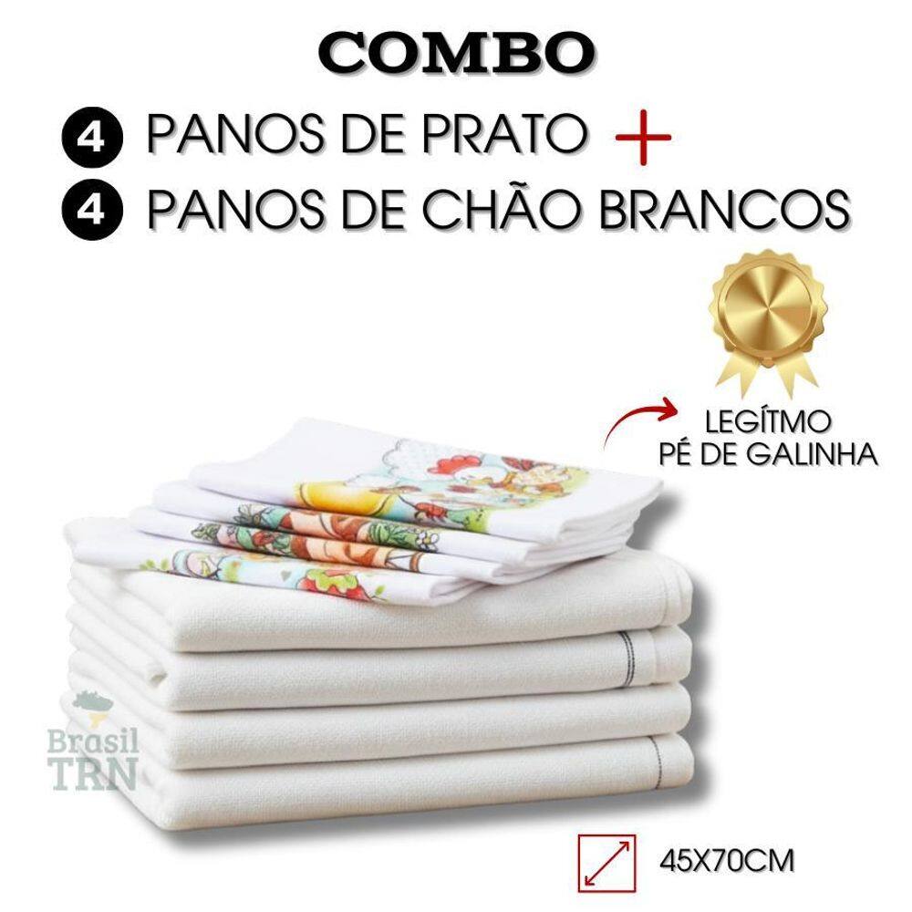 4 Panos De Chão Branco Duplo + 4 Panos Prato Pé De Galinha