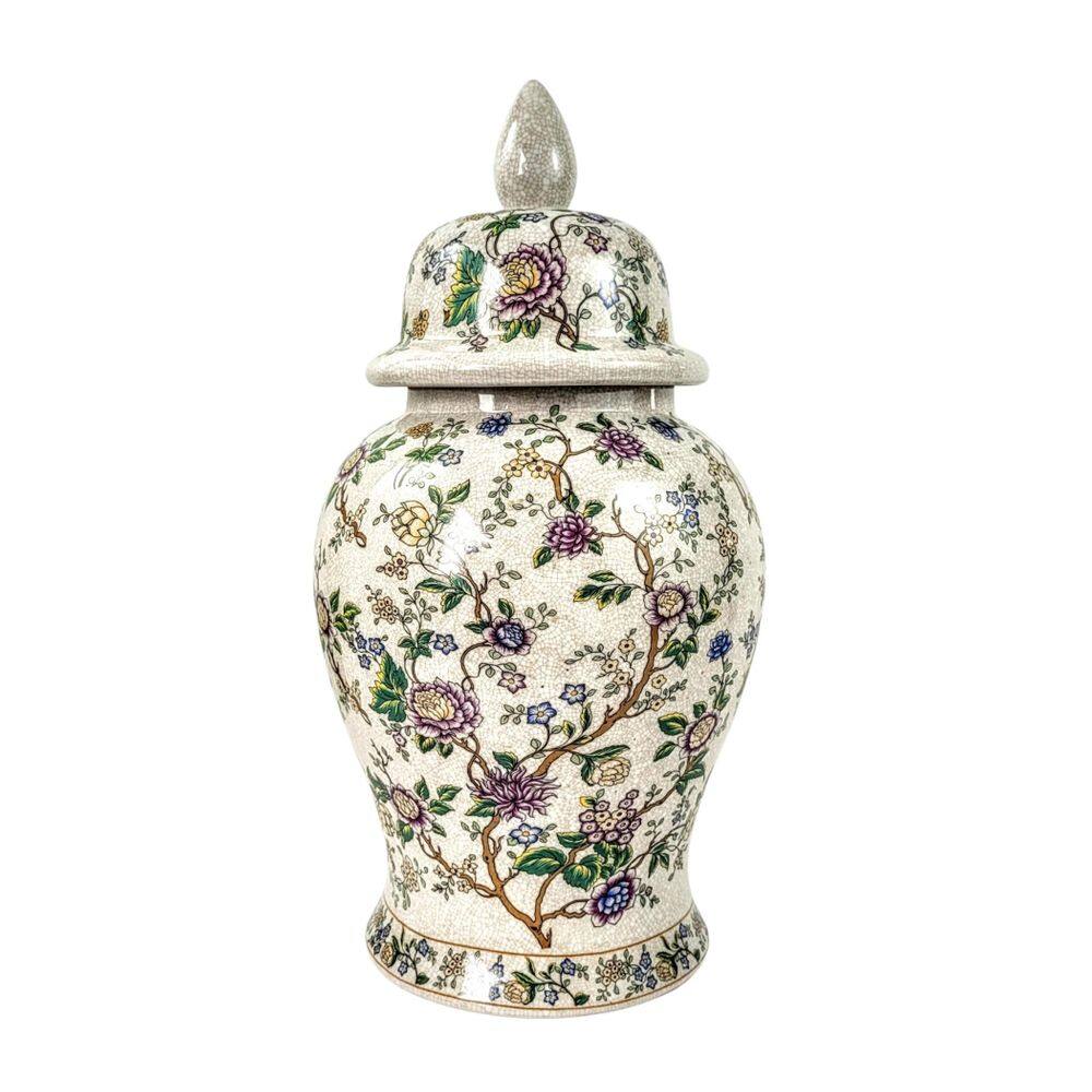 Potiche Porcelana Off-White Craquelê Floral Colorido 46Cm