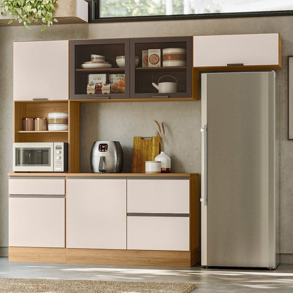 Cozinha Modulada Completa 4 Peças 6 Portas 4 Gavetas com Paneleiro Duplo Etina Marrom Claro / Off White