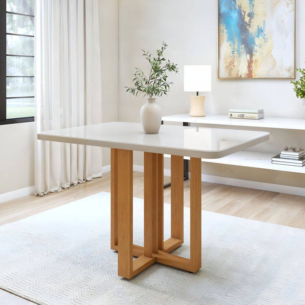 Mesa de Jantar 120cm Maxi Tampo 4cm e Vidro 4,4cm Bold Tessera Amêndoa Clean/Off White