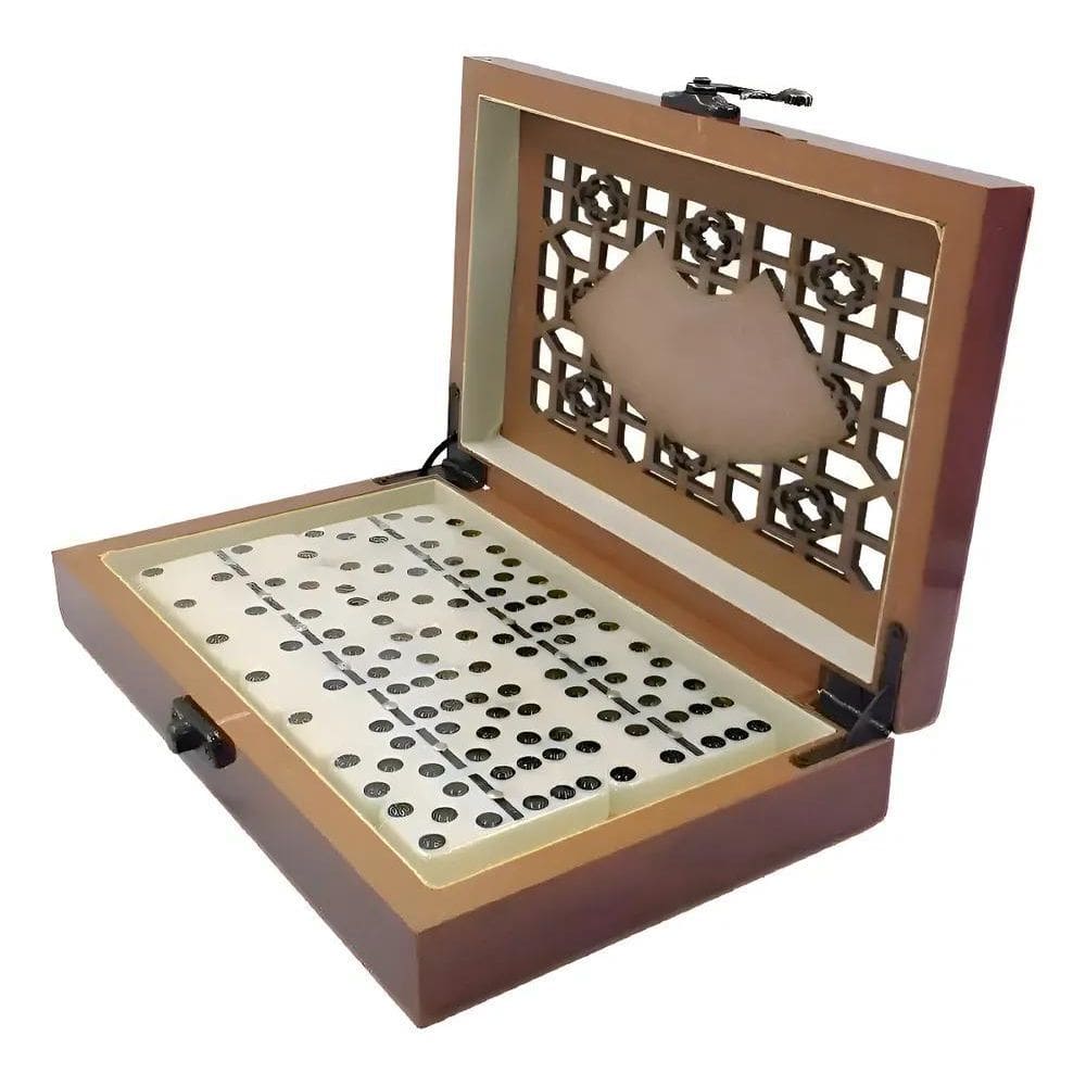 Jogo Domino Luxo Caixa De Madeira Pedra De Osso