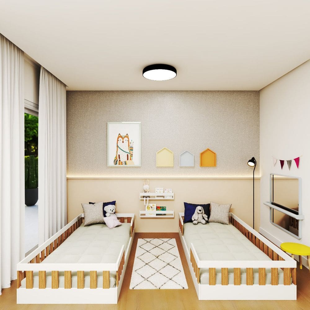 Conjunto com 2 Camas Infantil Montessoriana Solteiro Cori Yescasa Branco/Carvalho Mel