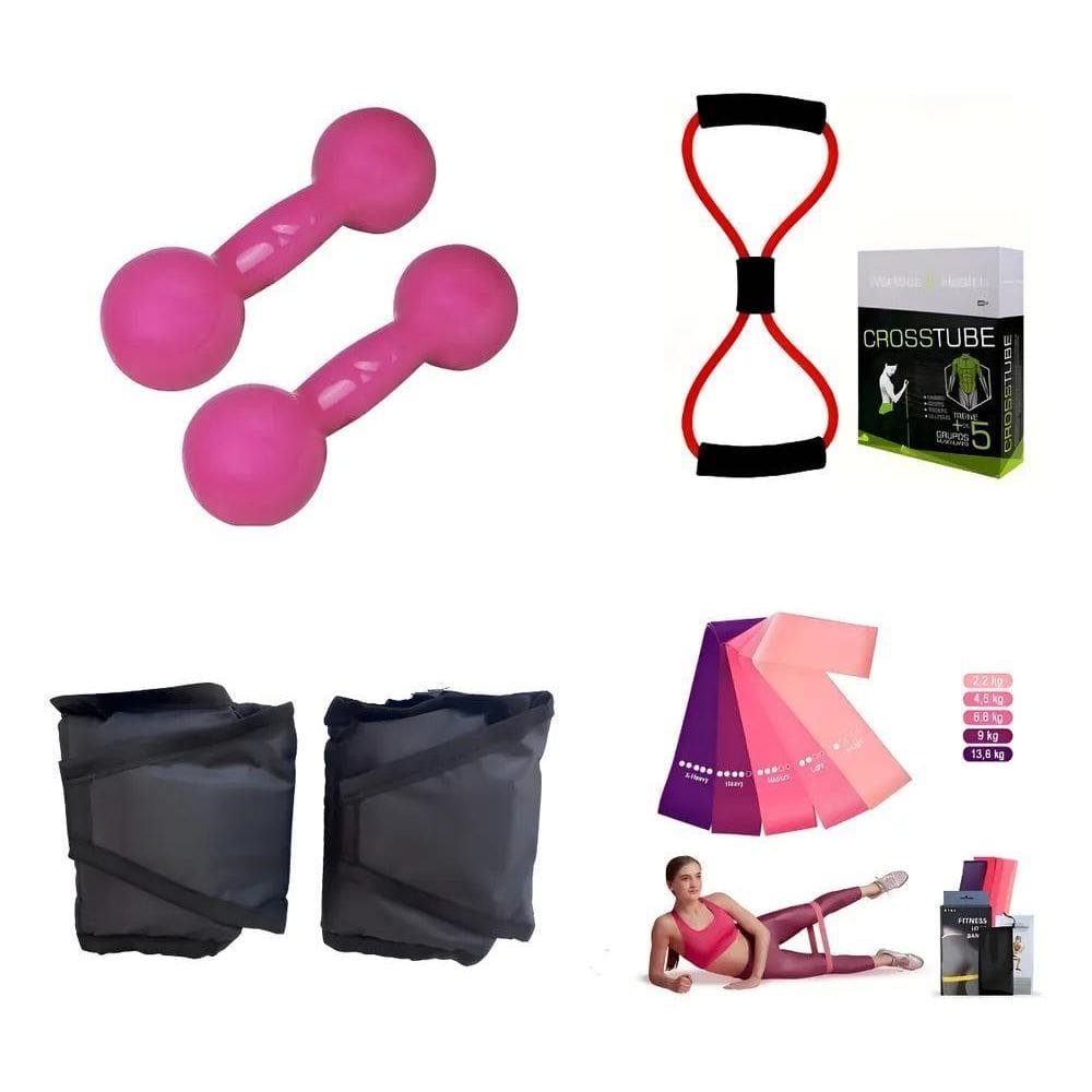 Halter 1 Kg Rosa + Caneleira 1 Kg + Elástico + Kit Theraband