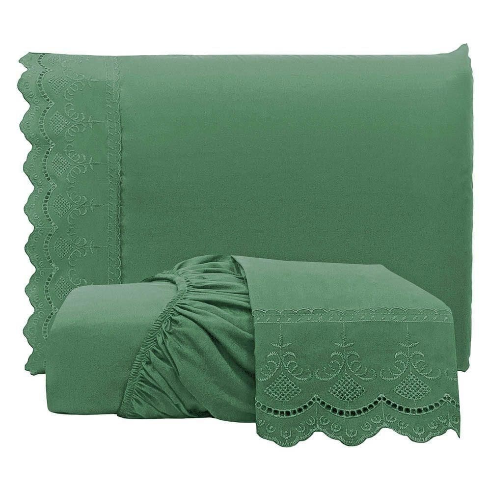Jogo De Lençol Realce King 3 Peças Percal 300 Fios Bordado Inglês Macio - Verde - 100% Poliéster