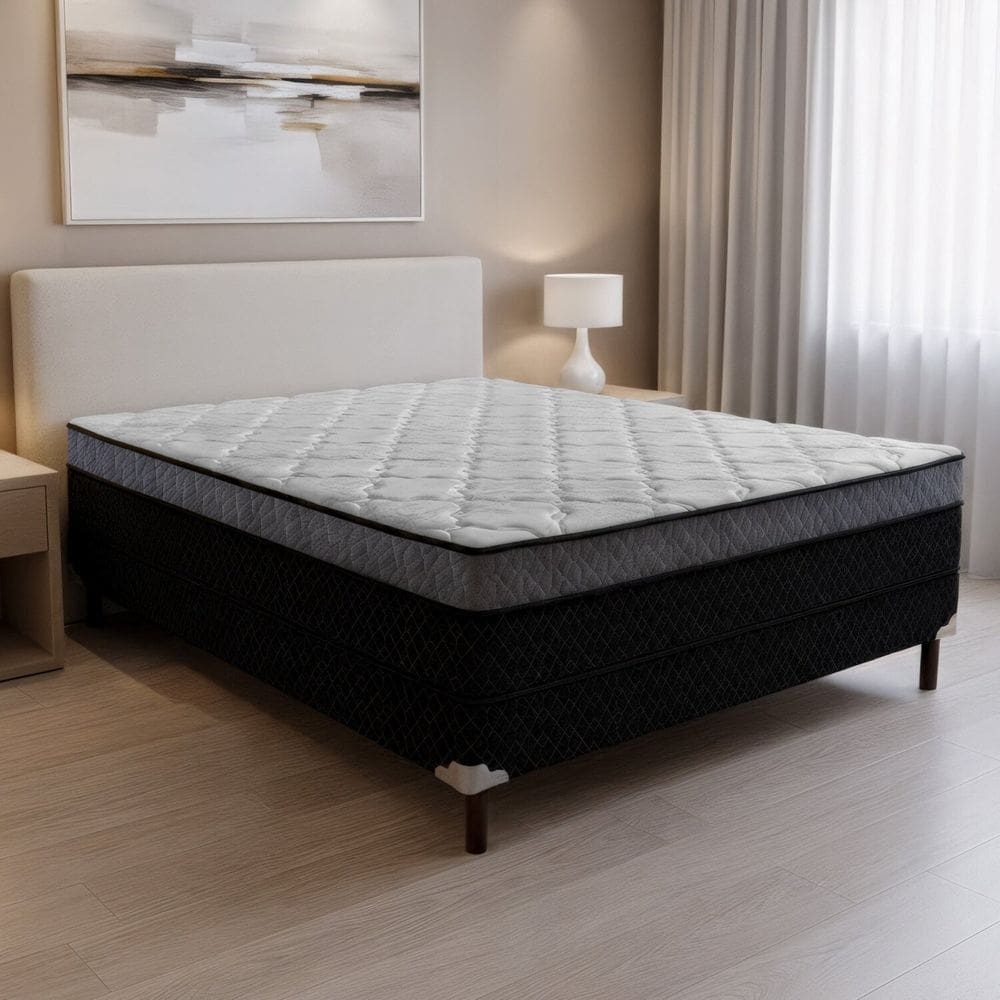 Cama Box Conjugada Casal com Pés de Madeira Maciça Air Dream Rústico Preto/Branco
