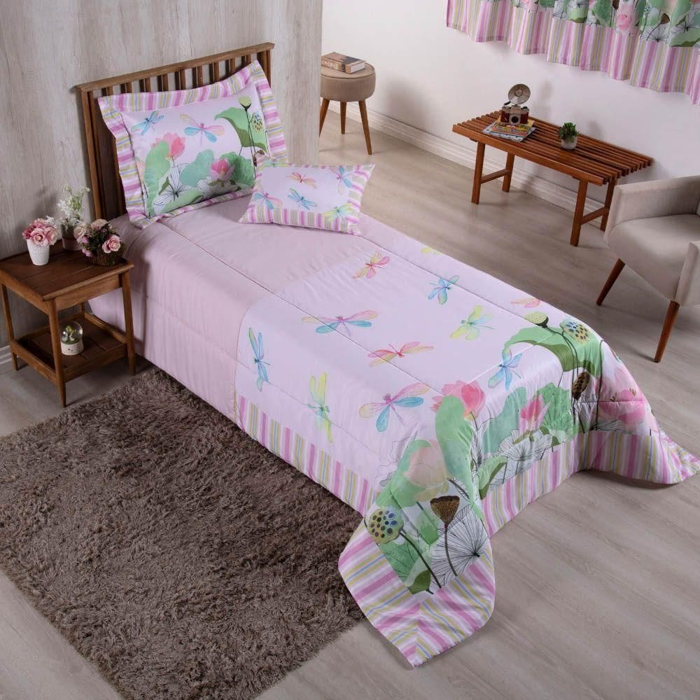 Kit Edredom Juvenil Solteiro 04 Peças Estampado 300 Fios - Libé - 100% Poliéster