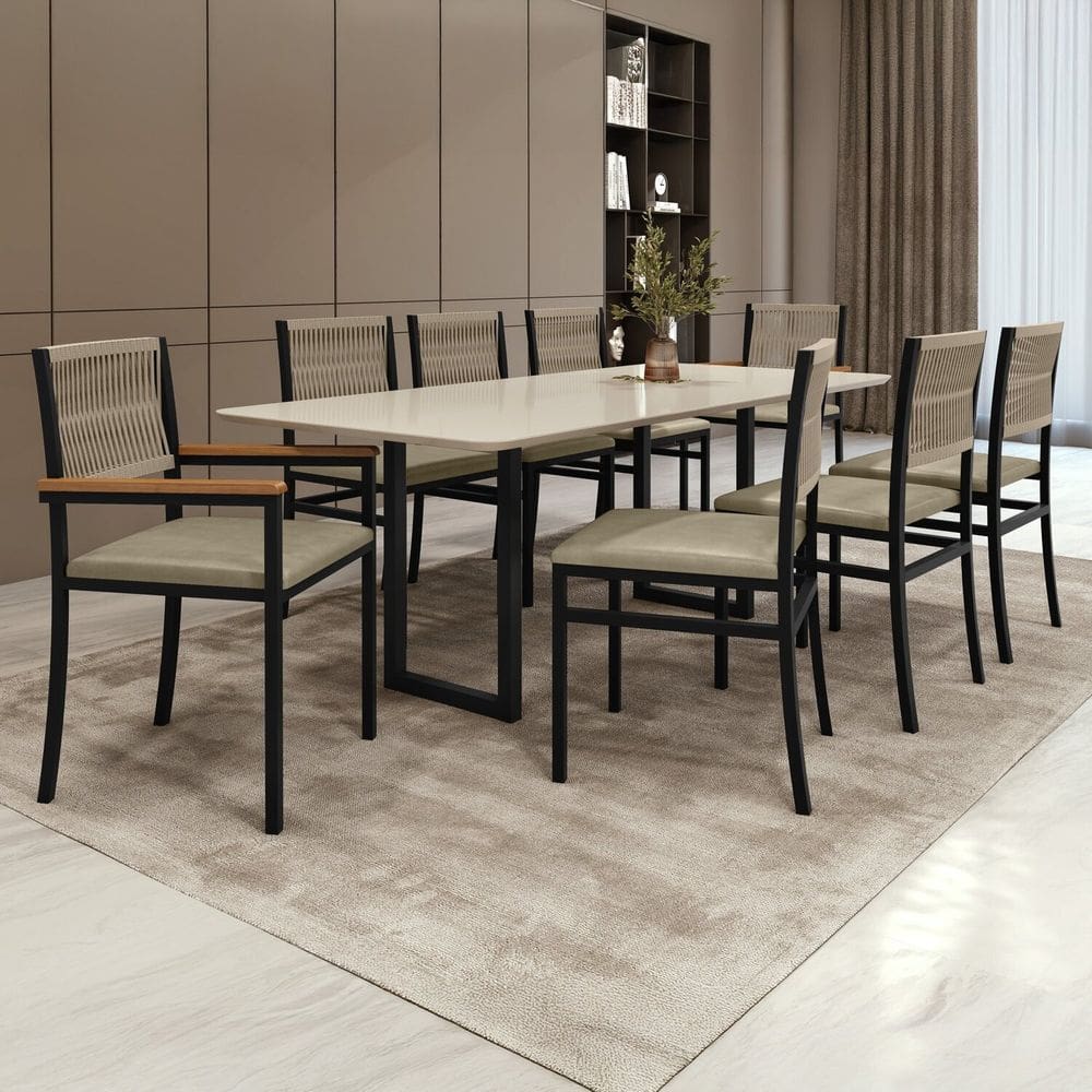 Conjunto Sala de Jantar Mesa Retangular com Tampo de Vidro Itália com 8 Cadeiras Barcelona Rami/Pérola/Preto