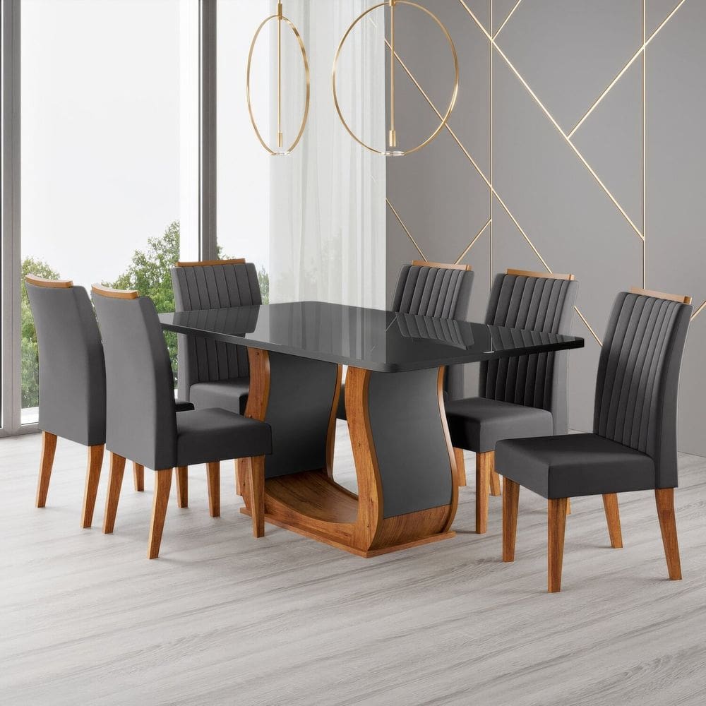 Conjunto Sala de Jantar Mesa 160x80cm Tampo com Vidro 6 Cadeiras Inspirare Mel/Cinza