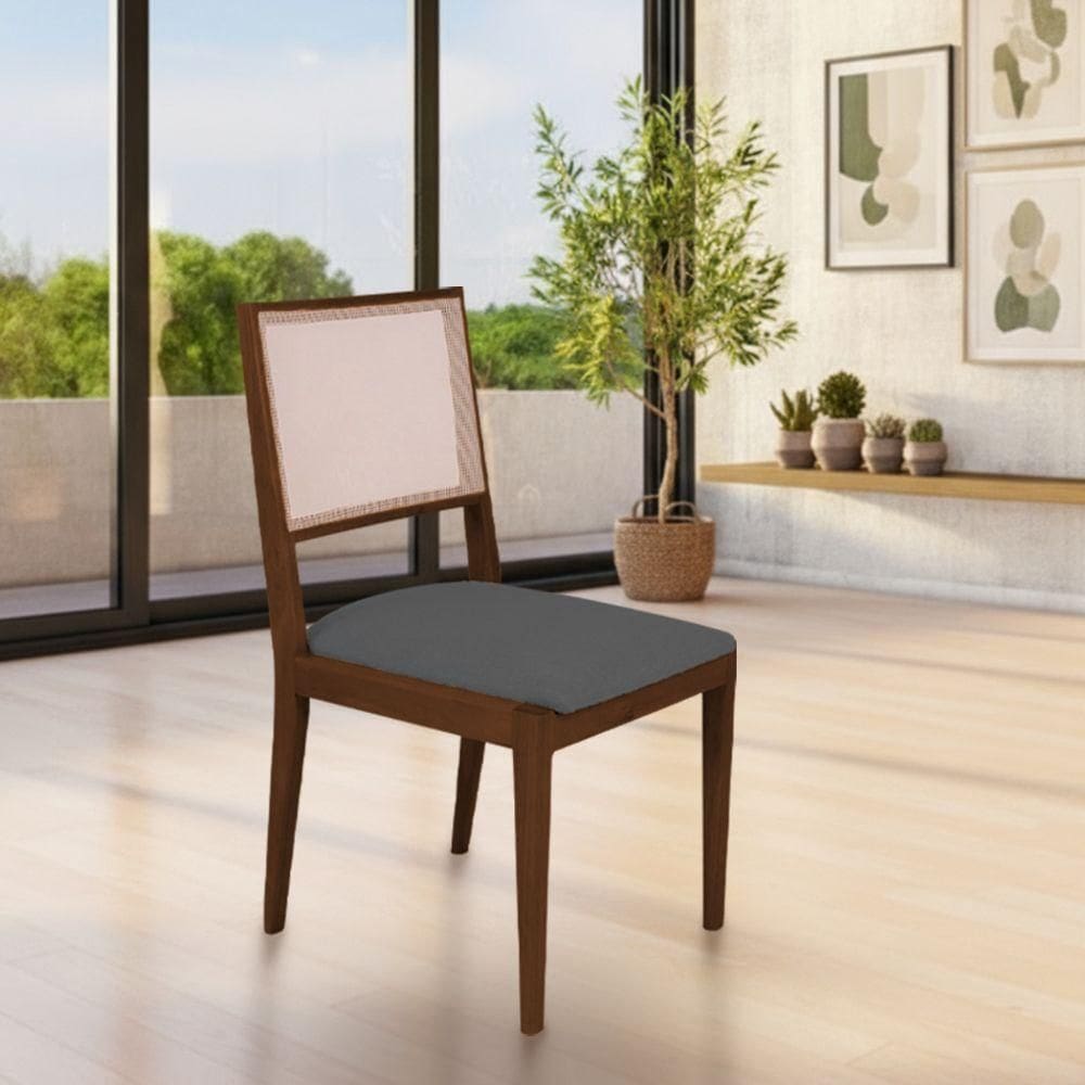 Cadeira De Jantar Estofada Suellen Mel Linho Cinza Grafite