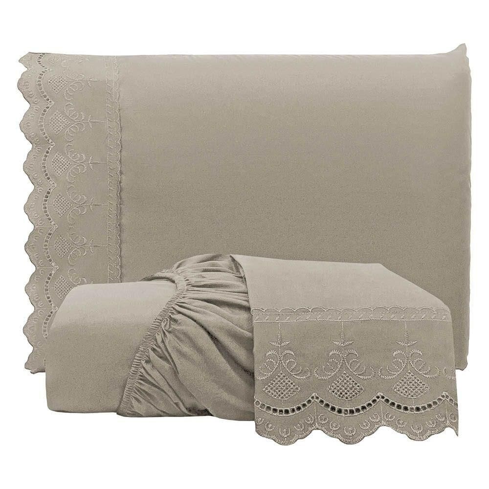 Jogo De Lençol Realce Casal 3 Peças Percal 300 Fios Bordado Inglês Macio - Fendi - 100% Poliéster