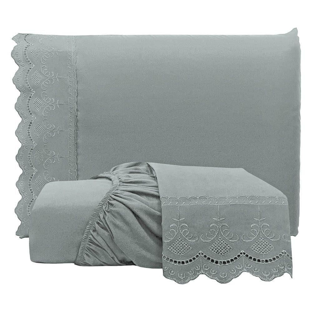 Jogo De Lençol Realce King 3 Peças Percal 300 Fios Bordado Inglês Macio - Cinza - 100% Poliéster