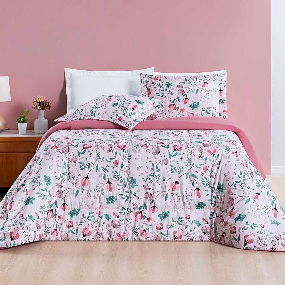 Kit Edredom Júlia Super King 3 Peças Dupla Face Micropercal 200 Fios Floral - Bothanica - 100% Poliéster