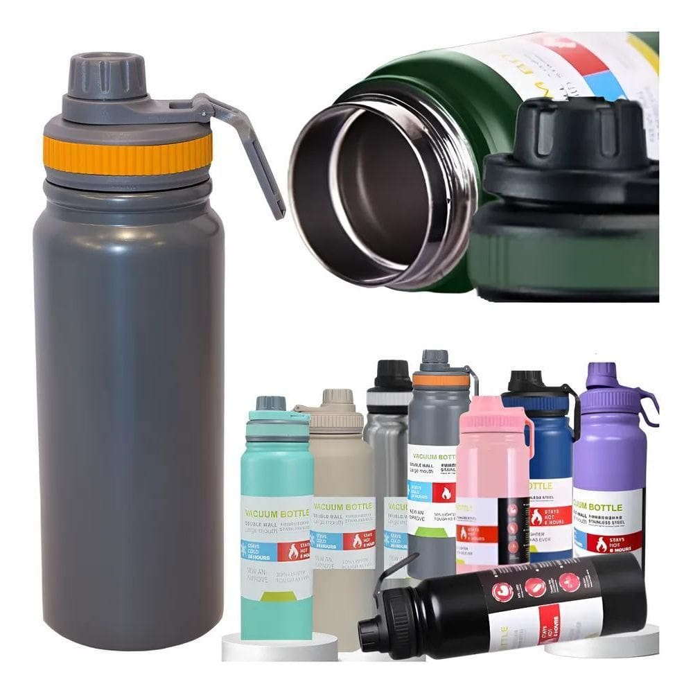 Garrafa Térmica 800Ml Água Squeeze Inox Academia Com Cinza