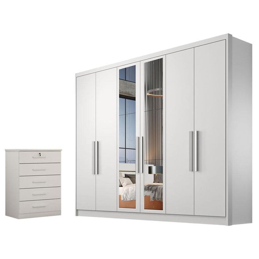 Guarda Roupa Casal Linea com Espelho e Gaveteiro Suiça Neve - Novo Horizonte