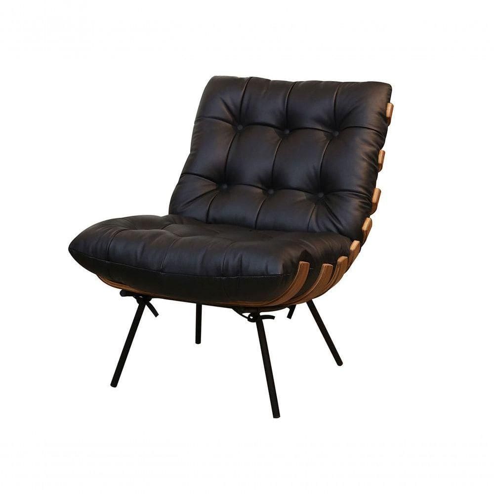 Poltrona Giratória De Couro Costela Wood Preto